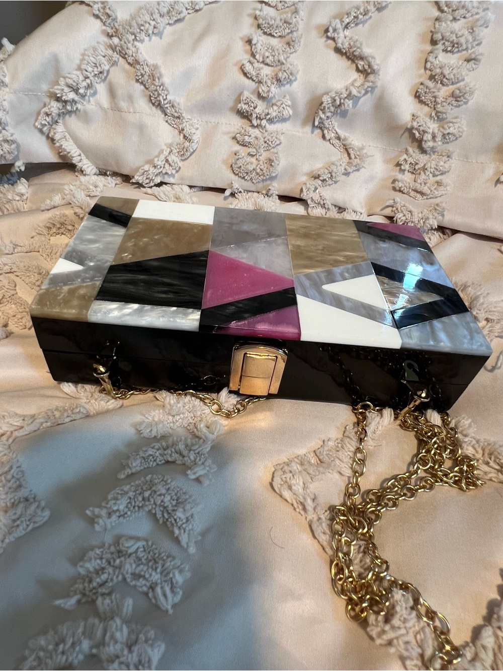 Geometric Inlay Box Clutch in Black, White & Pink